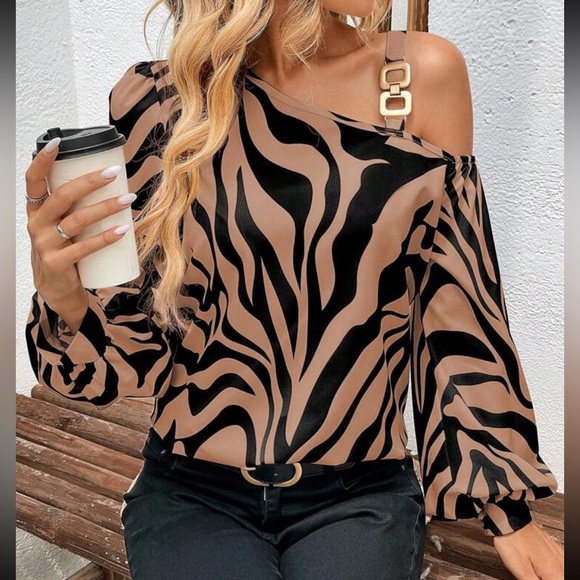 Zebra Abstract Print Asymmetrical Neck Cold Shoulder Chain Top Blouse Shirt - Picture 3 of 8